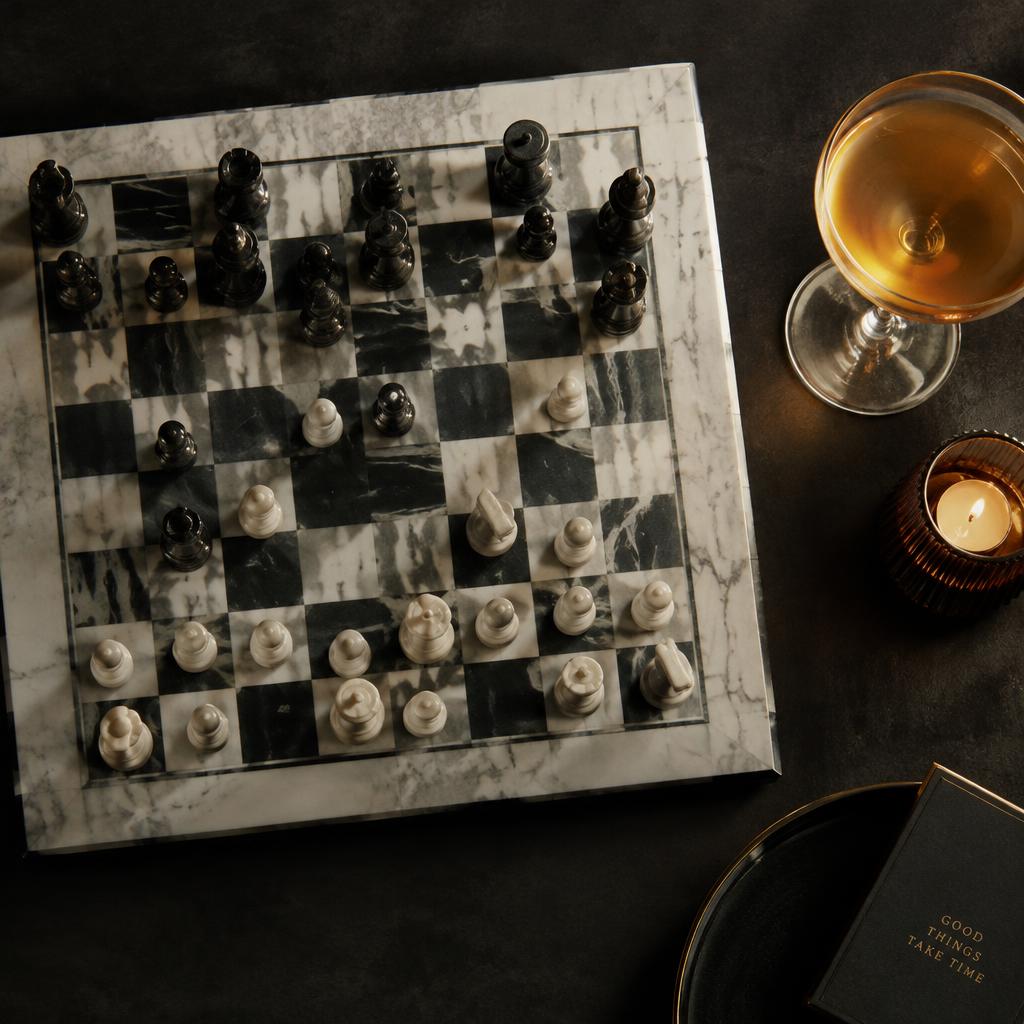 Marble chessboard beside a cocktail and candle