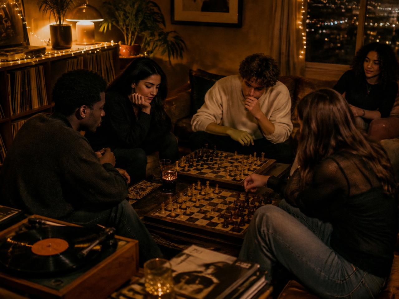 Friends gathered around chessboards