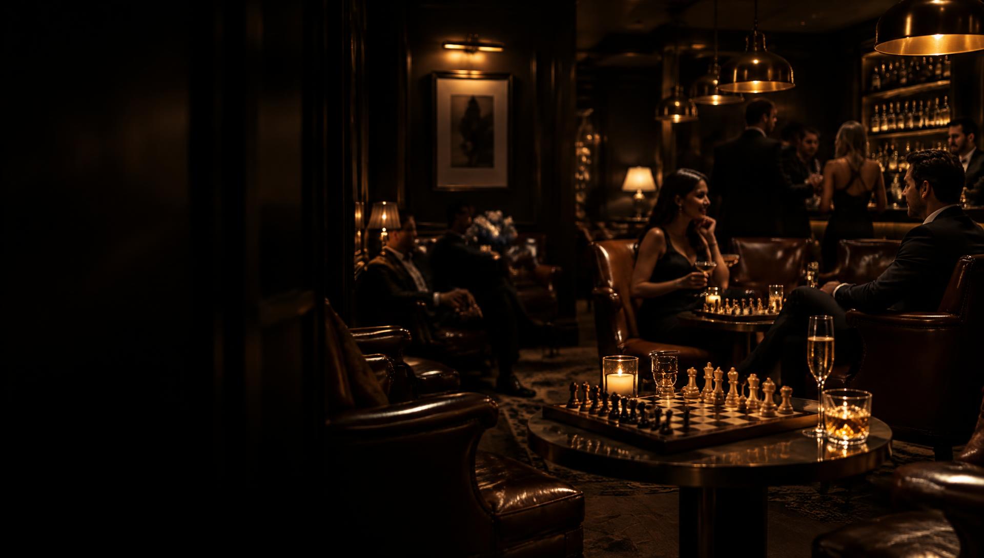 Candlelit lounge with chessboards and guests