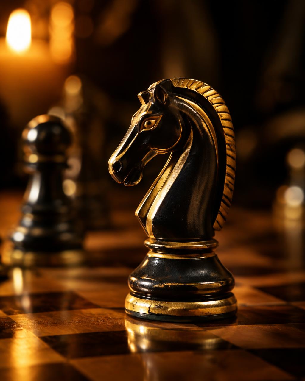 Black and gold knight on a candlelit board